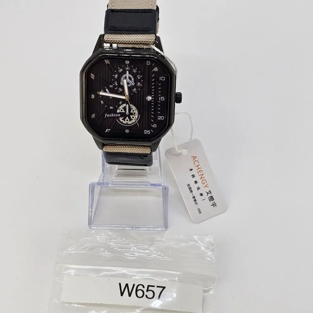Men's Watch 42MM Black Case Black Dial Date‎ Black Tan Canvas Band Straps